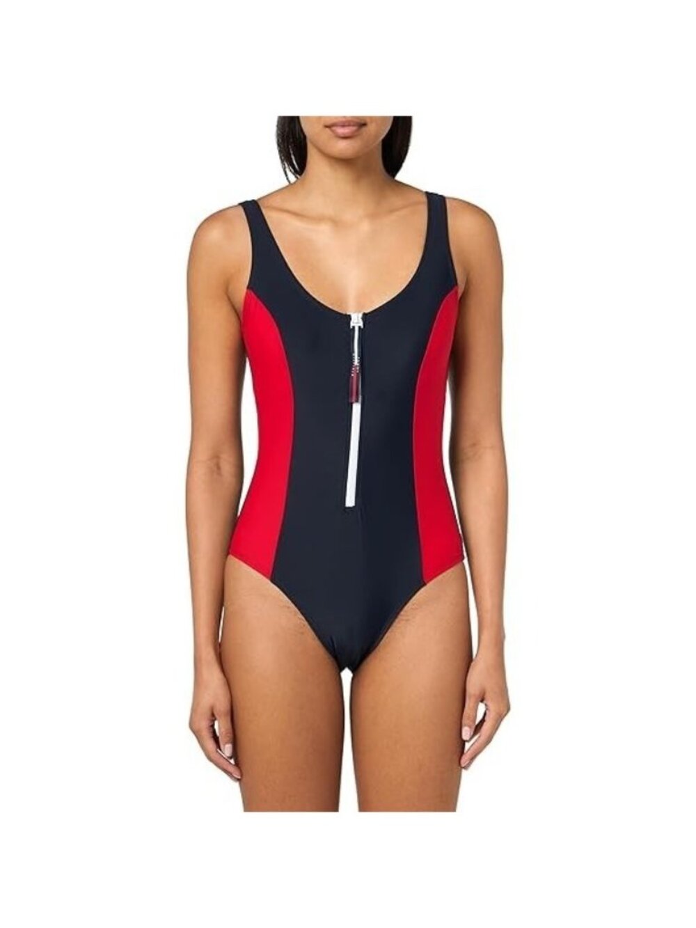 Tommy Hilfiger Size Small Colorblock One Piece Swimsuit Logo Zip Wide Strap NEW